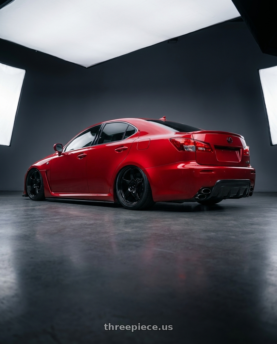 2012 Lexus IS-F with Gram Lights 57CR 5x114.3 19x10.5+35 Glossy Black wheels rear three quarter view slight stretch tires