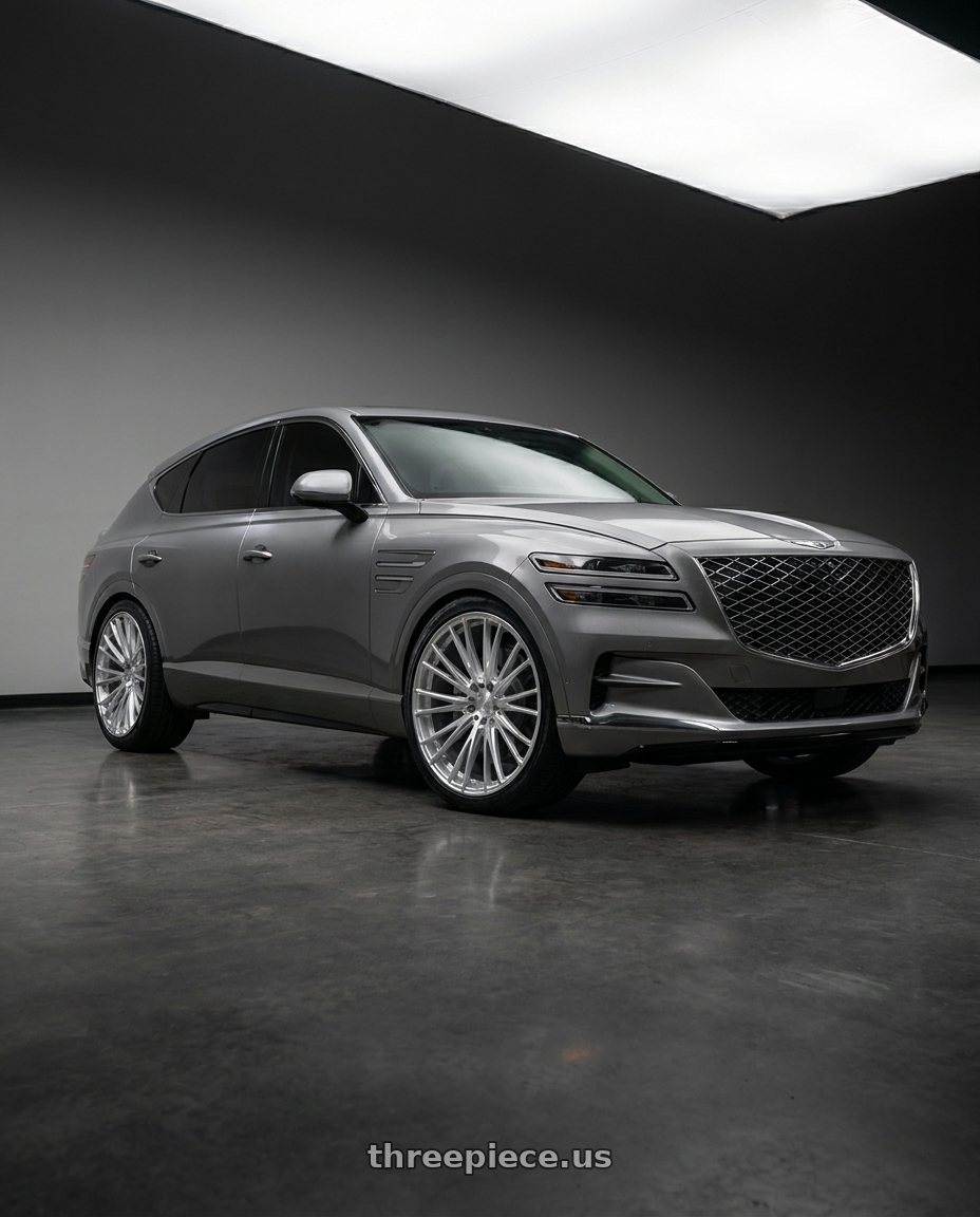 2027 Genesis GV80 Advanced with Axe CF2 5x114 22X10.5+38 SILVER wheels front three quarter view lowered stance