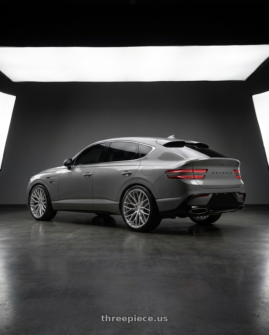 2027 Genesis GV80 Advanced with Axe CF2 5x114 22X10.5+38 SILVER wheels rear three quarter view slight stretch tires