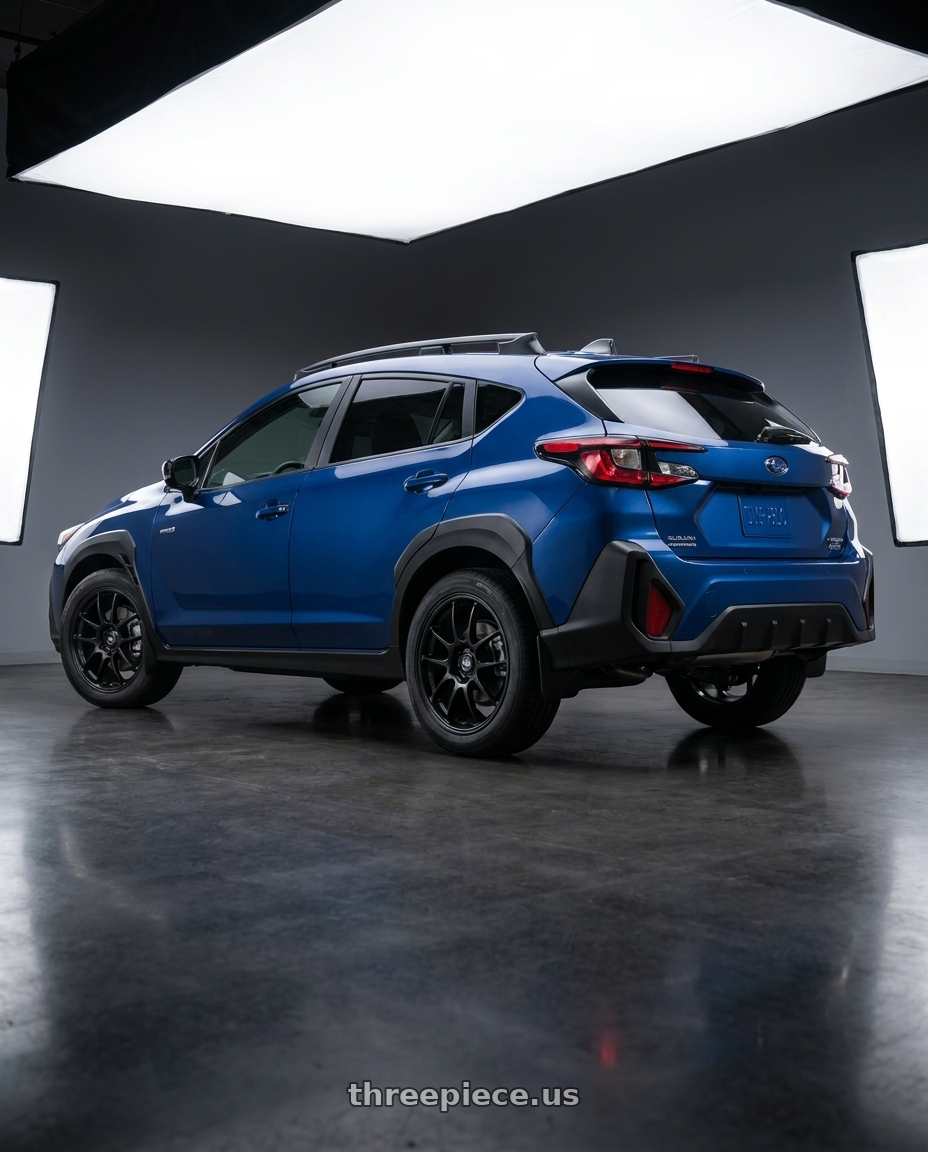 2026 Subaru Crosstrek with Enkei PF01 5x114.3 18x9+45 Matte Black wheels rear three quarter view square tires