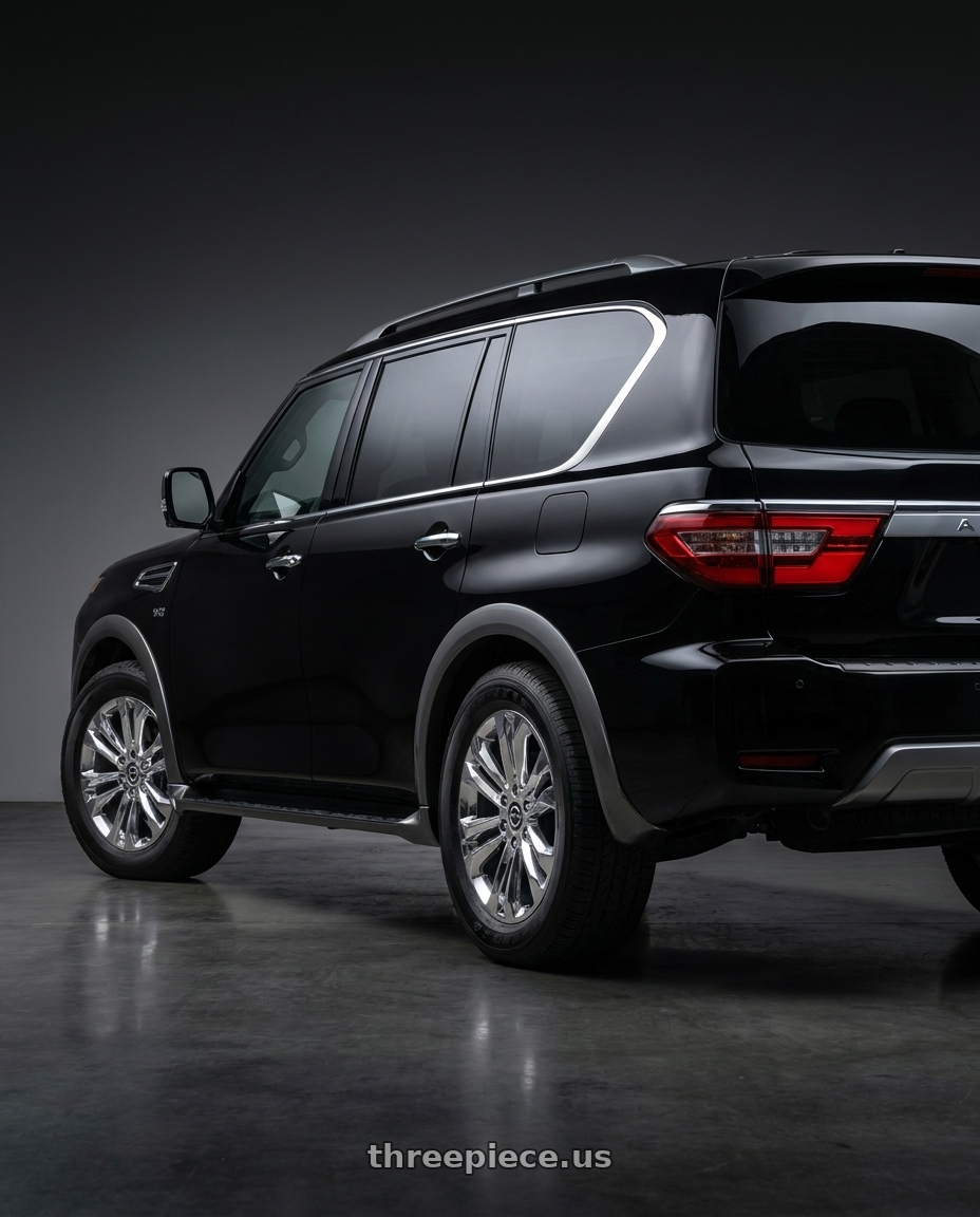 2023 nissan armada with OE Wheels CV43B 6x139.7 22x9+24 Chrome wheels rear three quarter view square tires