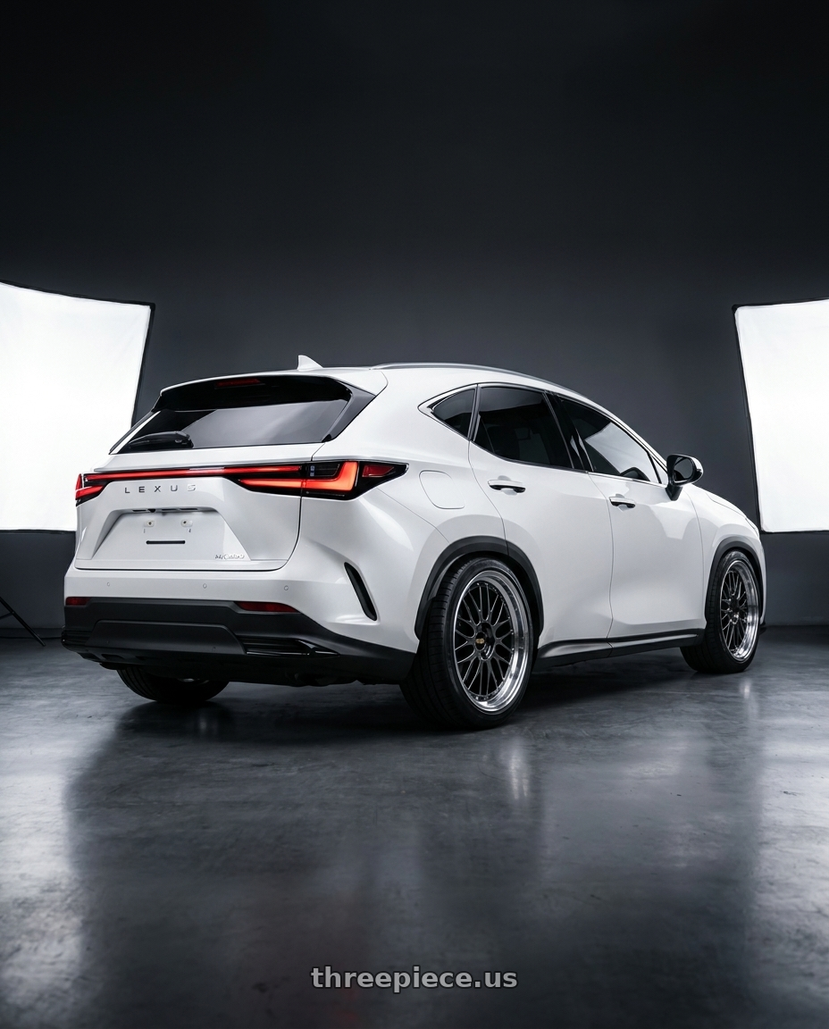 2023 lexus NX200 white with BBS LM 5x112 20x8.5+38 Diamond Black wheels rear three quarter view square tires