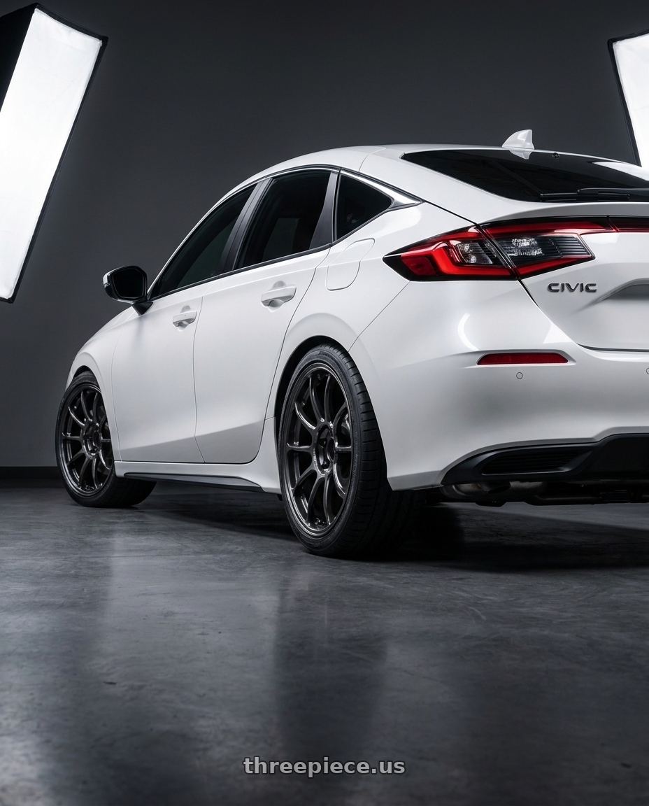2026 Honda civic  with Volk Racing ZE40 M-SPEC 5x114.3 18x9.5 +21 DIAMOND DARK GUNMETAL wheels rear three quarter view square tires