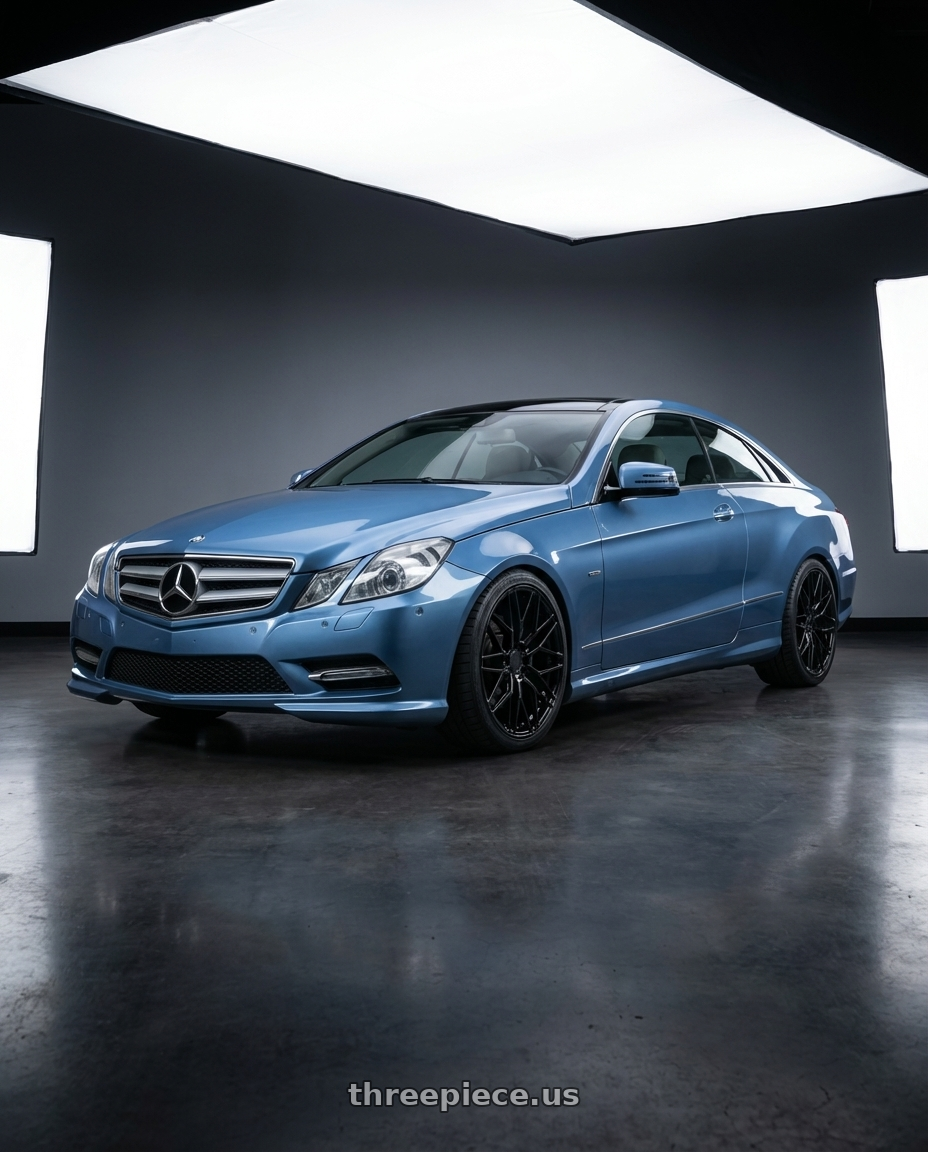 2014 Mercedes-Benz E-Class Coupe C207 with Avant Garde Wheels M520R 5X112 19x9.5 +40 Gloss Black wheels front three quarter view lowered stance