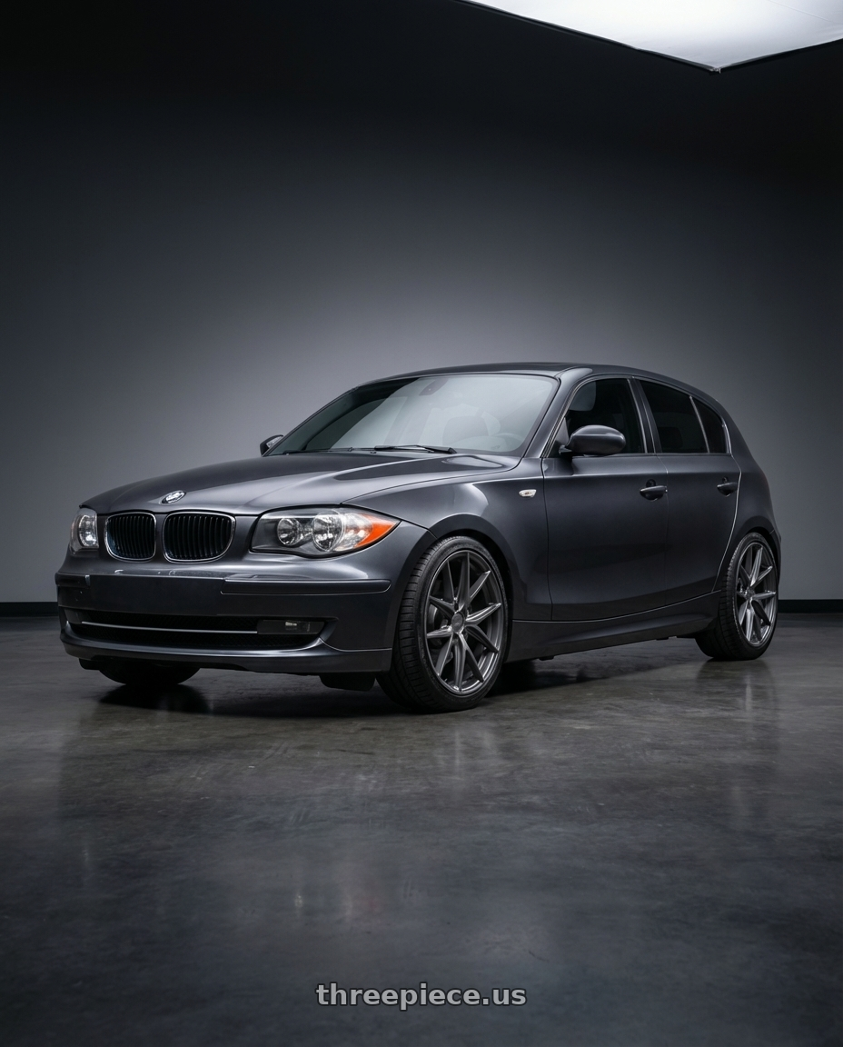 2012 BMW 1 Series E82 with Niche 1PC M116 MISANO 5X120 18X8 +40 MATTE GUN METAL wheels front three quarter view lowered stance