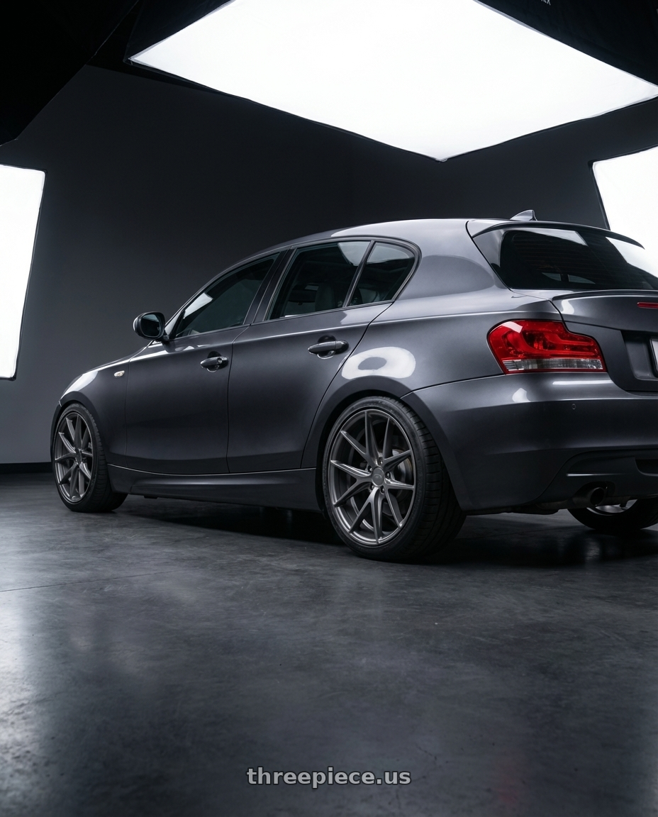 2012 BMW 1 Series E82 with Niche 1PC M116 MISANO 5X120 18X8 +40 MATTE GUN METAL wheels rear three quarter view square tires