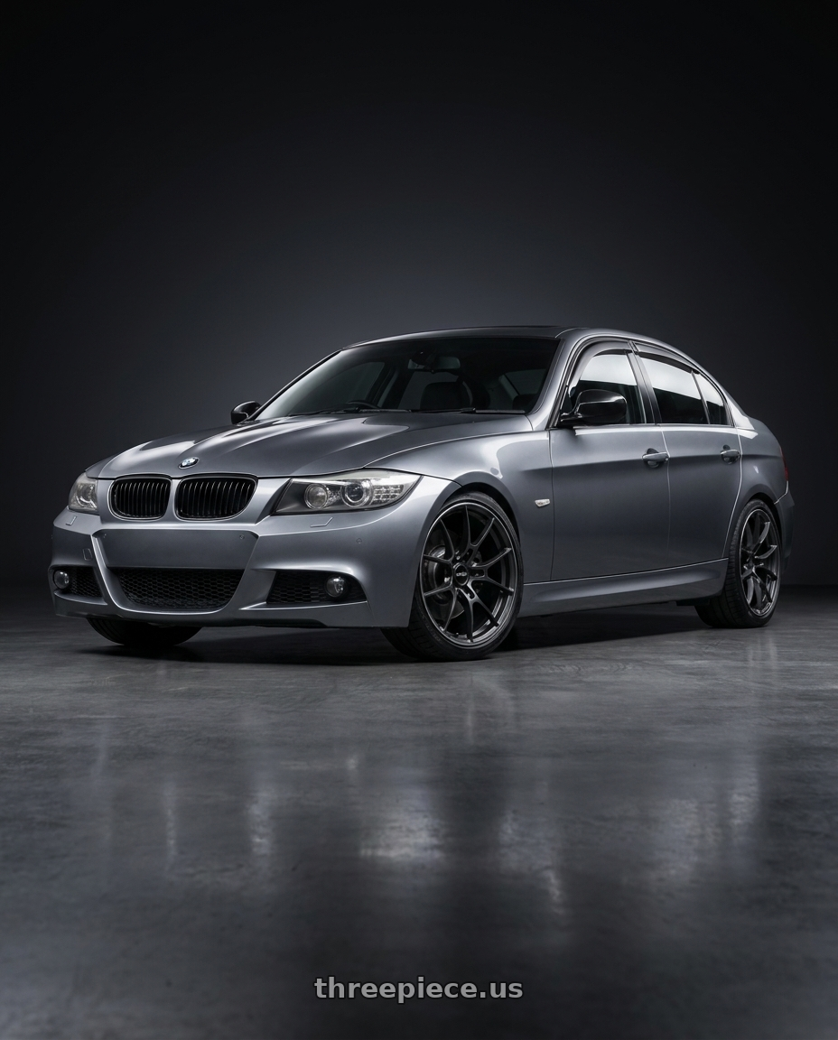 2009 e90 323i, space grey metallic with Volk Racing G025 5x120 19x9.5+25 Matte Gunblack / Rim Edge DC wheels