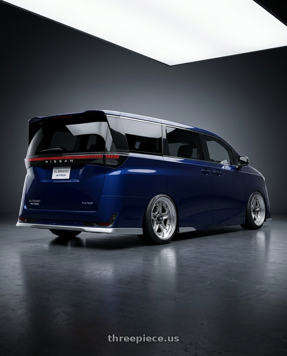 2026 nissan elgrand with Work Equip 40 4x100 15x8.5 +1 o disk Brut Silver wheels rear three quarter view slight stretch tires