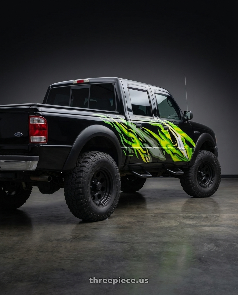 Ford ranger 3.0 powerstroke 2005 cabine dupla adesivada com gráfico with Pacer 164B LT Mod Black 8x165.1 16x8 -06 Matte Black wheels rear three quarter view square tires
