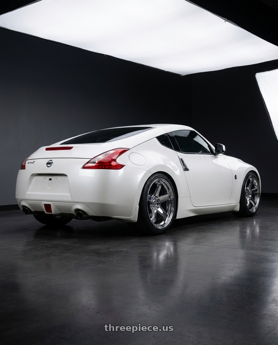 2010 Nissan 370Z with KATANA RACING HR05 5x114.3 18x9.5 +22 Chrome wheels rear three quarter view square tires