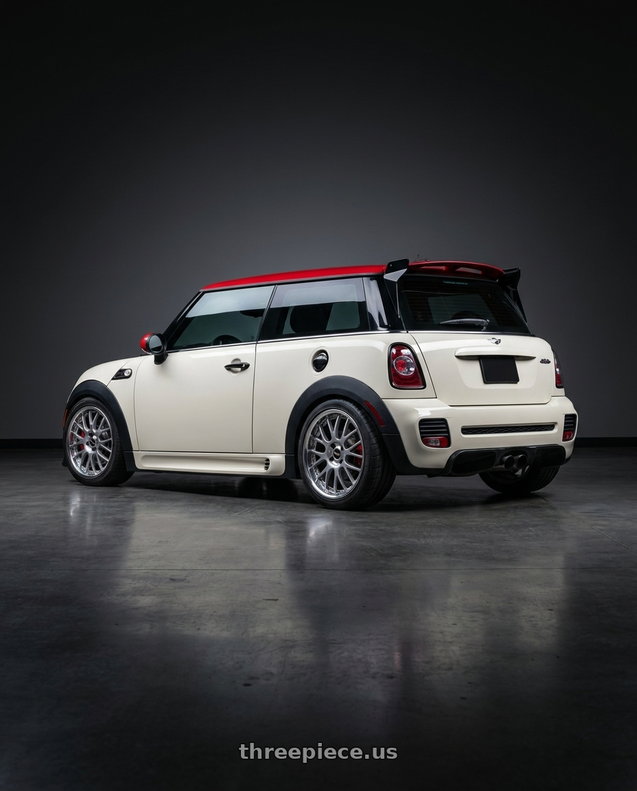 2013 mini cooper JCW with SSR Professor MS1R 4x100 17x7.5+43 NR Disk Silver wheels rear three quarter view square tires
