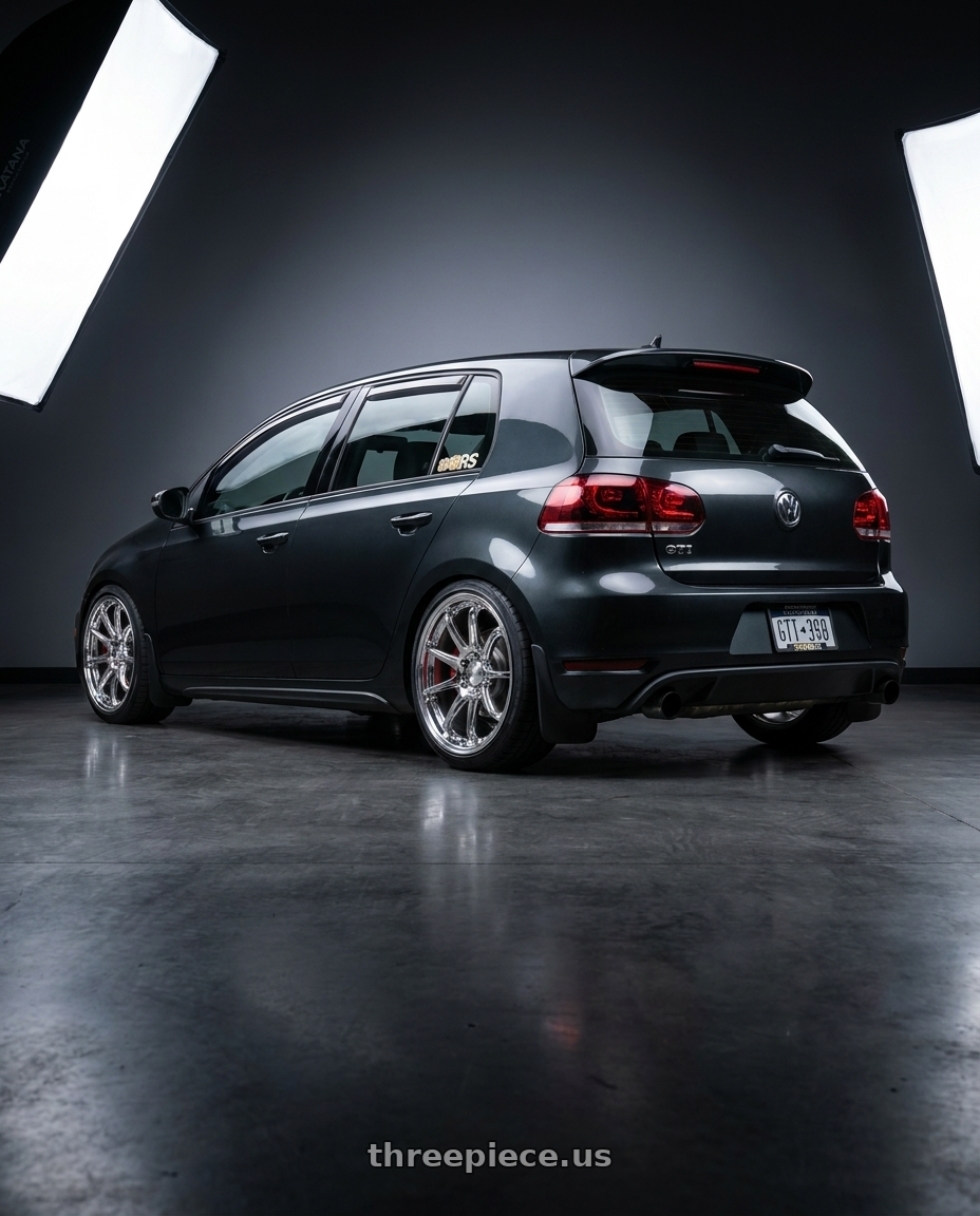2014 VW GTI Wolfsburg Ed with KATANA RACING HR06 5x112 18x8.5 +35 Chrome wheels rear three quarter view square tires