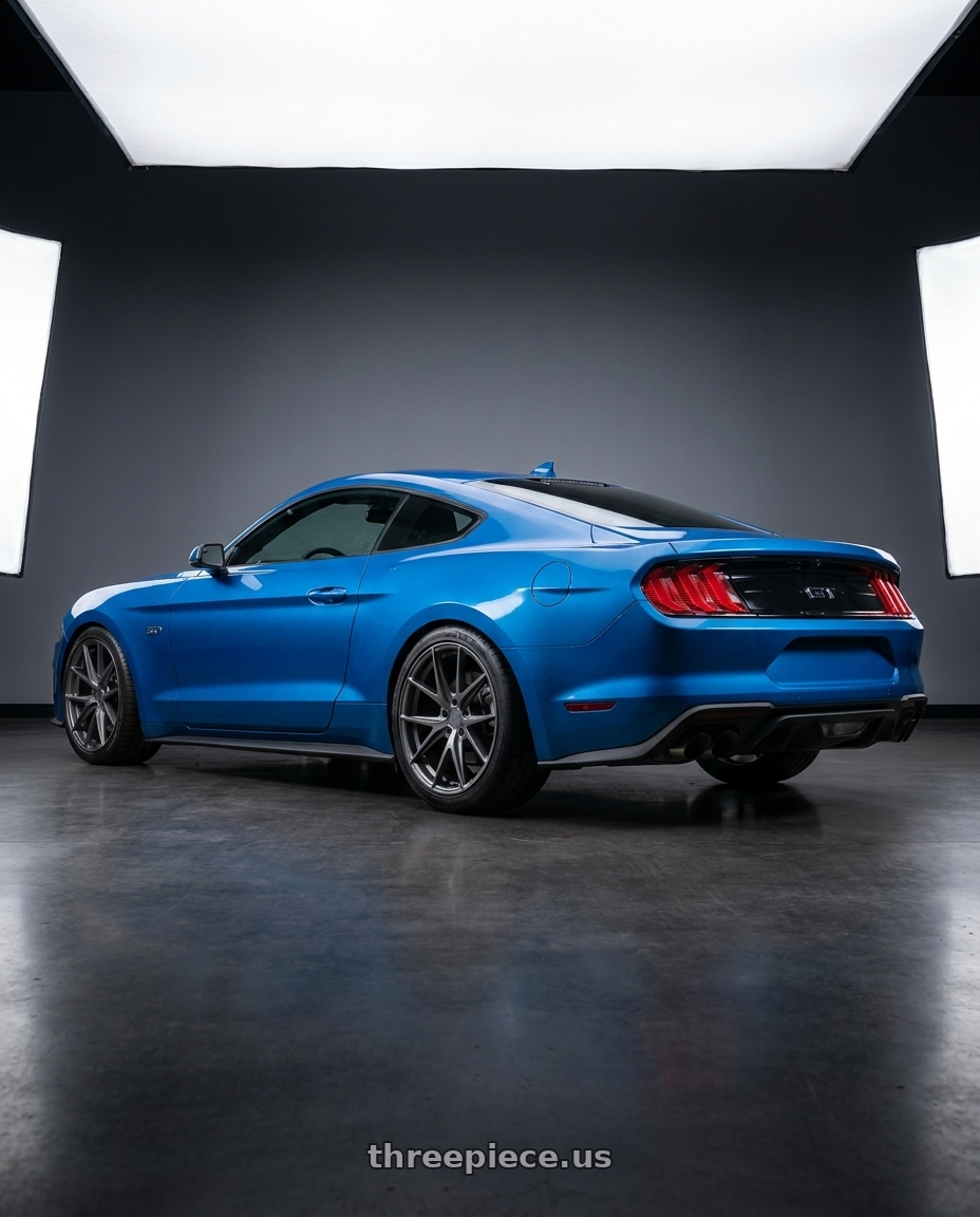2022 Ford Mustang GT with Niche 1PC M116 MISANO 5X114.3 19X8.5 +45 MATTE GUN METAL wheels rear three quarter view square tires