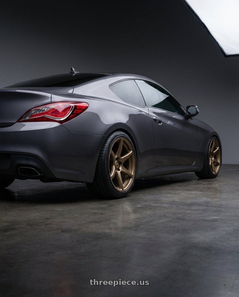 2014 Hyundai Genesis Coupe with Kansei K11B Tandem 5x114.3 19x10.5 22 Bronze wheels rear three quarter view square tires