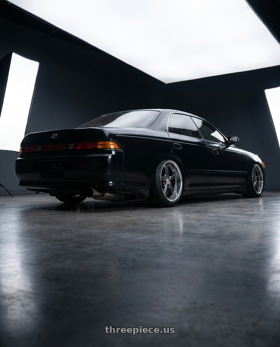 1995 Toyota mark 2 with Work Wheels VS-KF 5x114.3 18x10-5 Brilliant Silver Black R Disk FULL REVERSE wheels rear three quarter view slight stretch tires