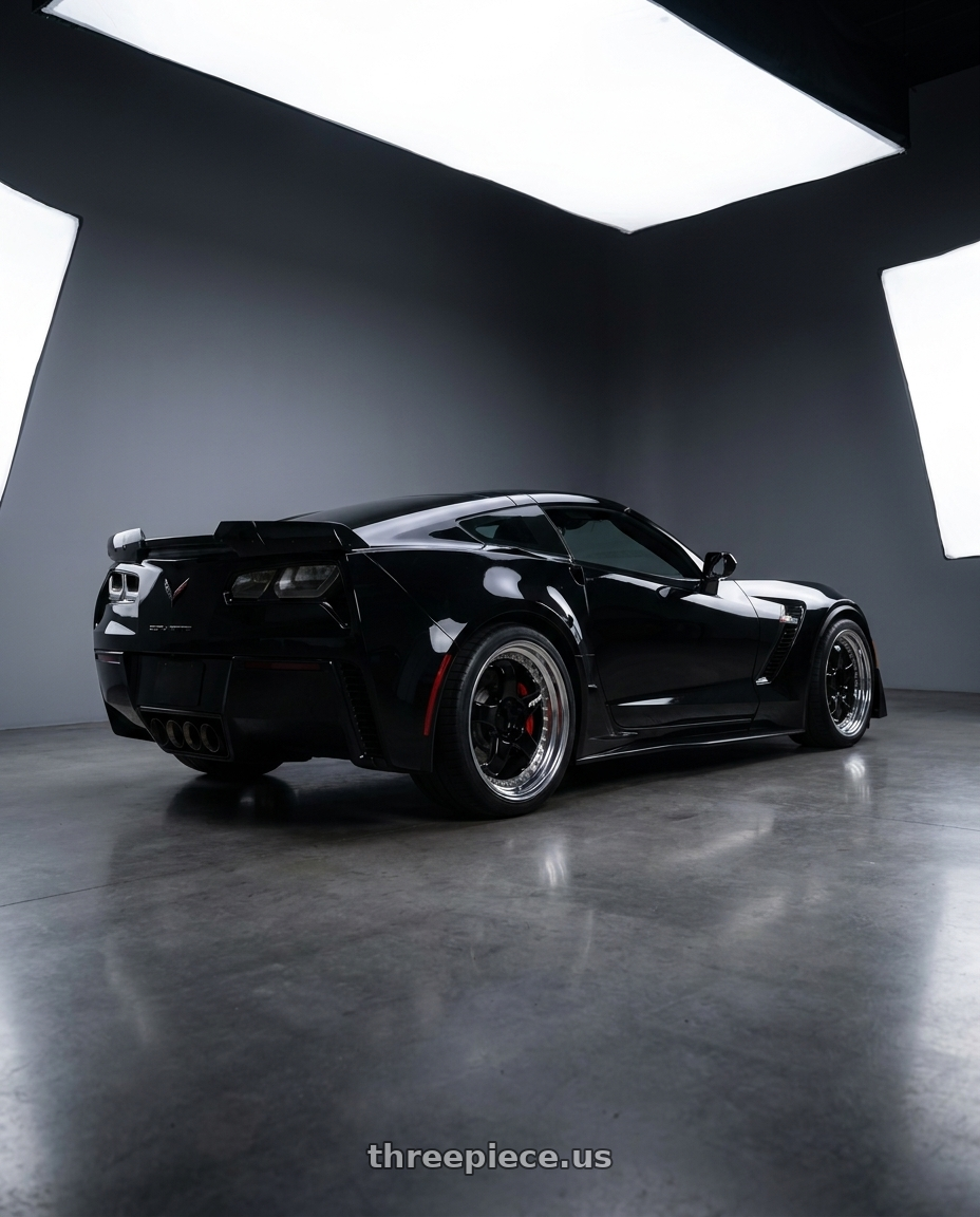 2017 Chevrolet Corvette Z06 with Work Meister S1 3P 5x120.65 19x10+31 R Disk Black wheels rear three quarter view square tires