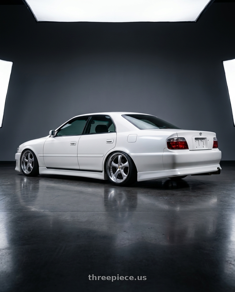 1996 Toyota chaser with Work Wheels VS-KF 5x114.3 18x9.5+22 Light Grey Silver L Disk FULL REVERSE wheels rear three quarter view slight stretch tires