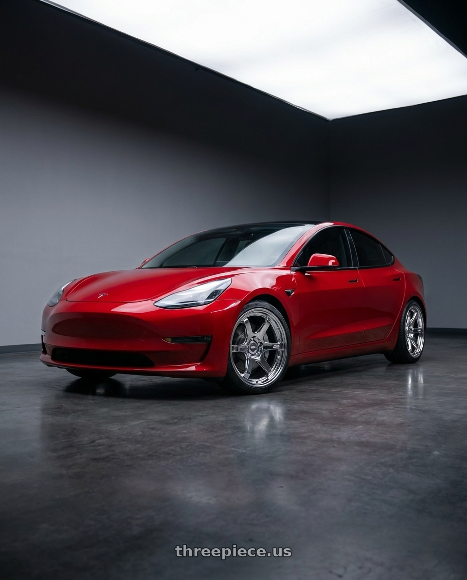 2022 Tesla Model 3 Performance with ESR Wheels APX6 5x114.3 19x8.5 +30 Chrome wheels front three quarter view stock stance