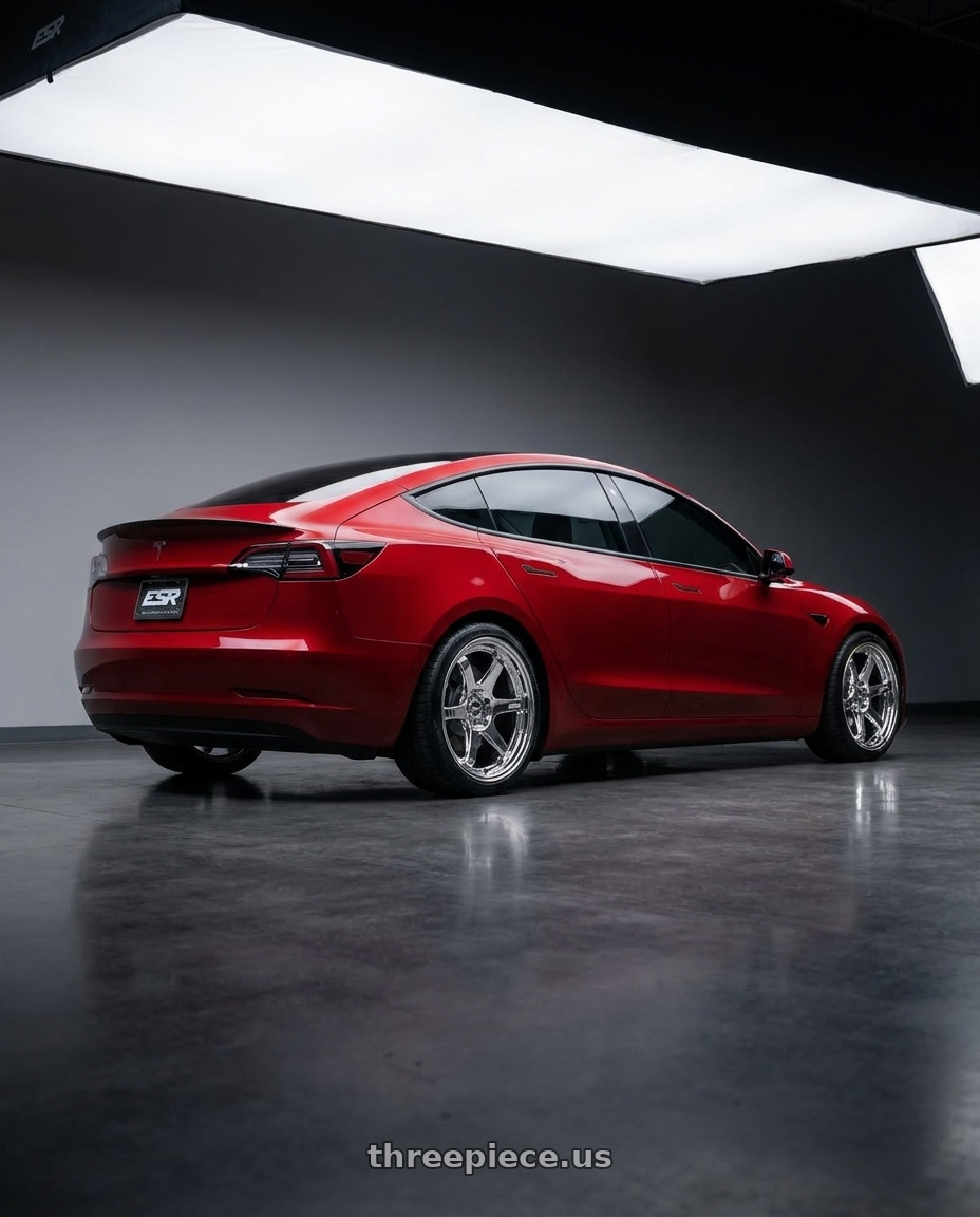 2022 Tesla Model 3 Performance with ESR Wheels APX6 5x114.3 19x8.5 +30 Chrome wheels rear three quarter view square tires