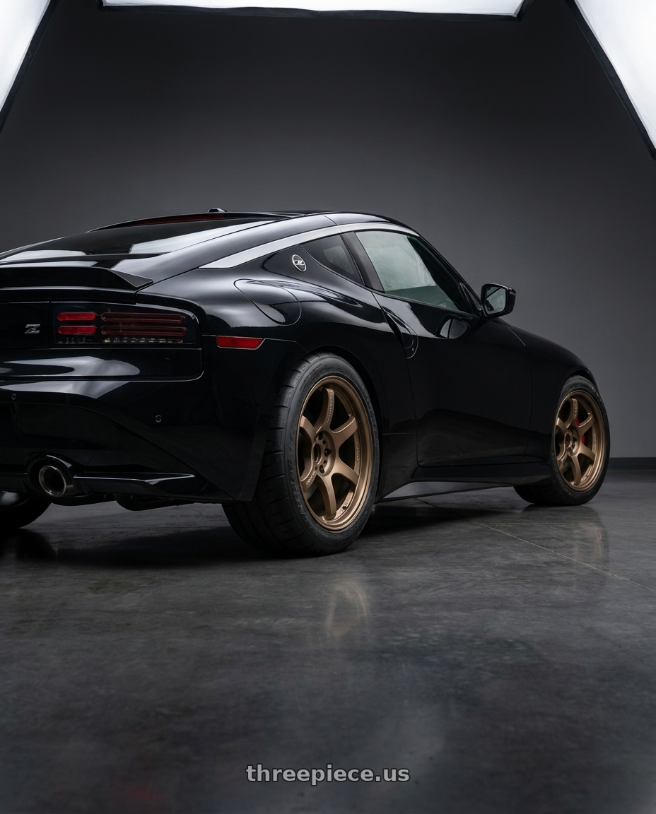 2025 Nissan Z with Gram Lights 57DR 5x114.3 19x9.5 +45 BRONZE 2 wheels rear three quarter view meaty tires
