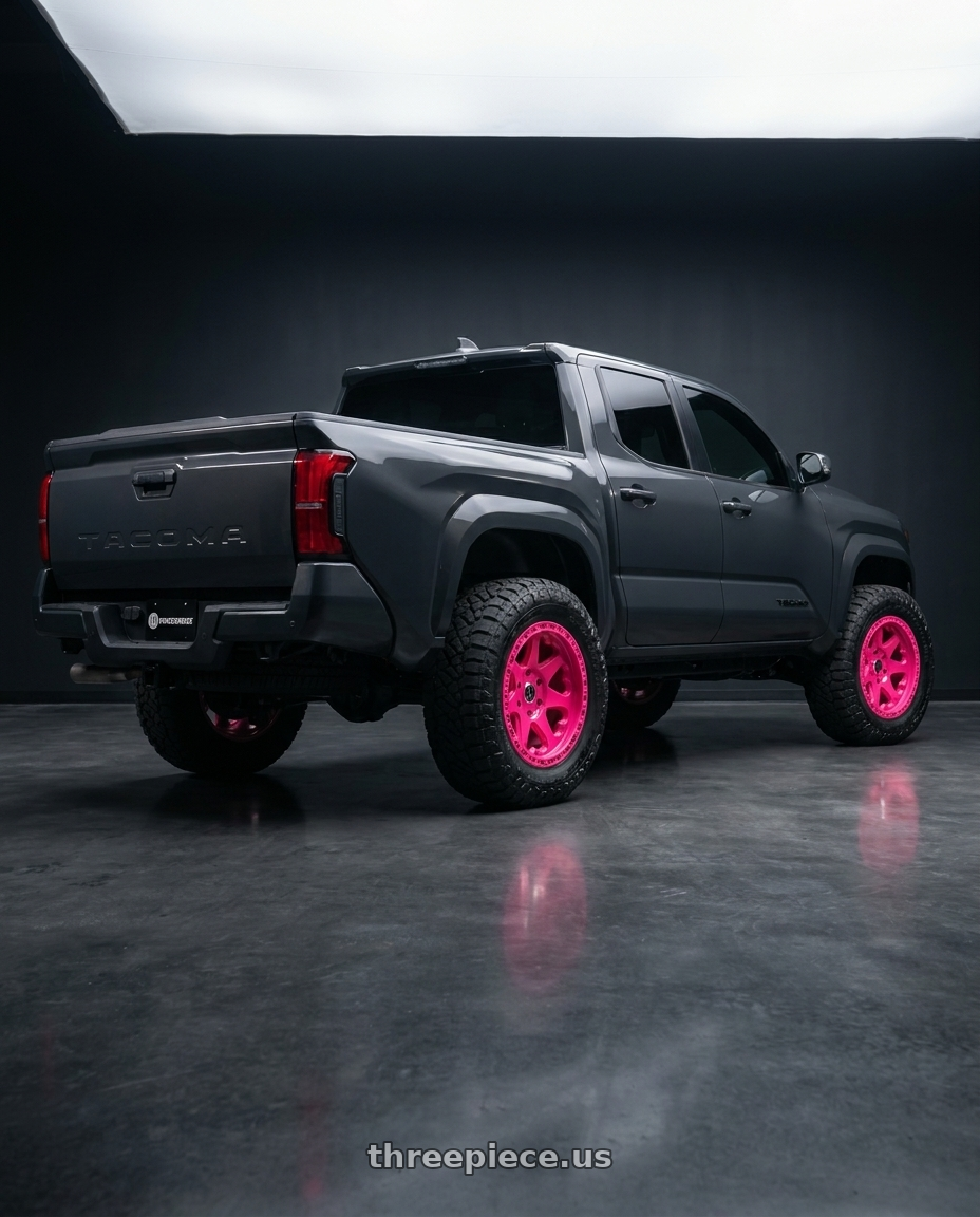 toyota tacoma 4th gen 2024 sr rwd with HERITAGE WHEEL KOKORO-OR 5x127 20x9 +18 PINK wheels rear three quarter view meaty tires