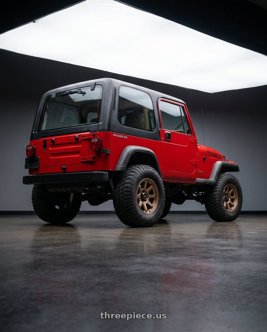 1989 Jeep Wrangler with Vision Off-Road 351 Flow 5x114.3 16x8+0 Bronze wheels rear three quarter view meaty tires