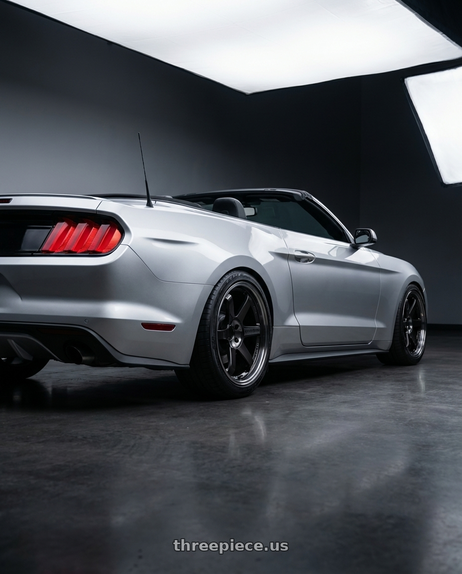 2018 ford mustang with Volk Racing TE37SL 5x114.3 19x10.5+12 Pressed Double Black wheels rear three quarter view slight stretch tires