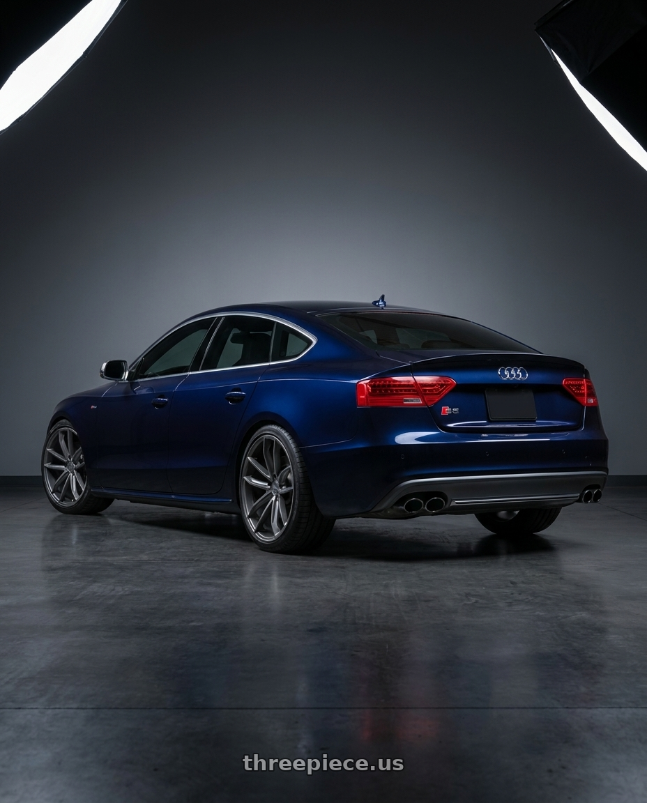 2014 Audi S5 B8 with Niche 1PC M116 MISANO 5X112 19X9.5 +50 MATTE GUN METAL wheels rear three quarter view square tires