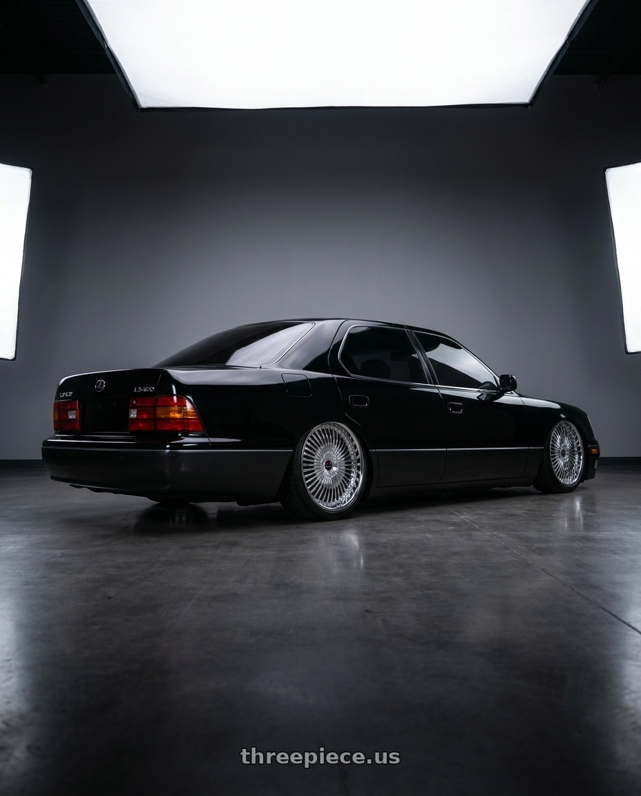 2000 Lexus LS400 with Cavallo CLV-41 4x100/4x114.3 18x8 +35 Nano Chrome wheels rear three quarter view square tires