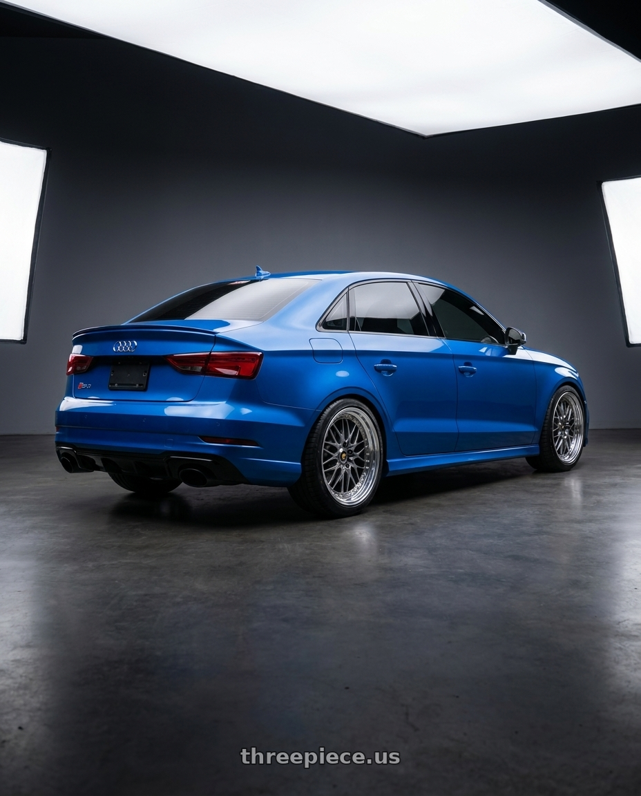 2018 Audi rs 3 with Work Vs-Xv 5x112 19x9+41 L Disk Brilliant Silver Black wheels rear three quarter view square tires