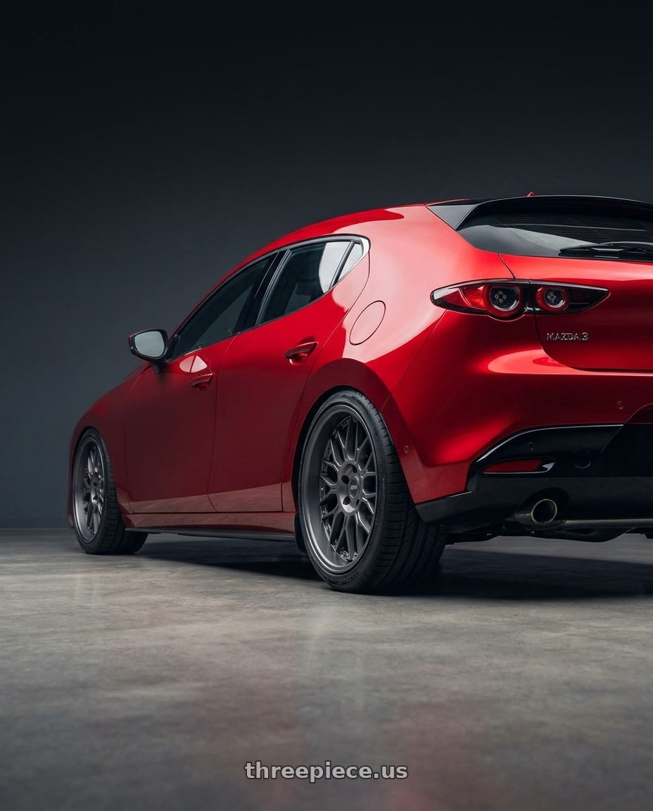 2025 Mazda 3 with ESR Wheels CS1 5x114.3 19x9.5 +35 Matte Graphite wheels rear three quarter view square tires