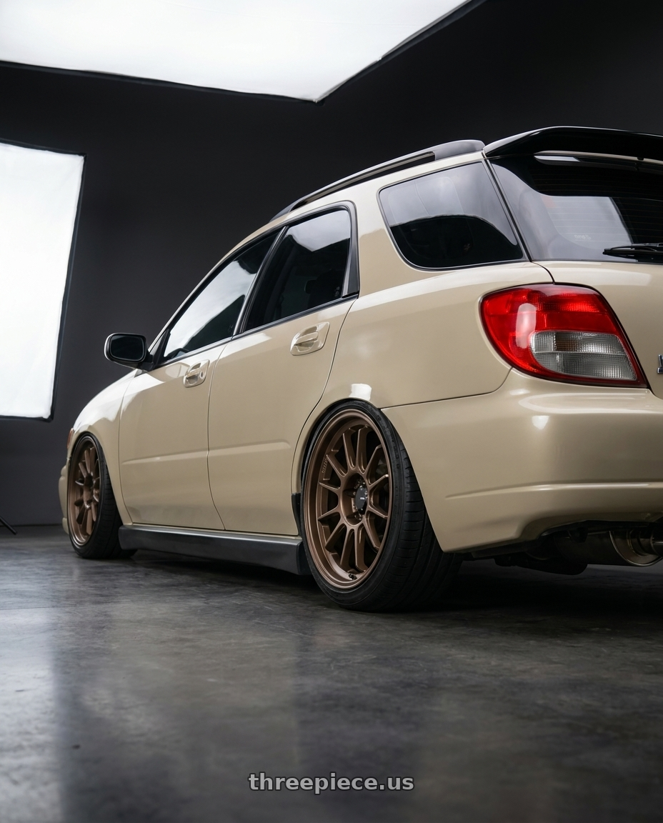 2002 Subaru wrx wagon with Konig Hypergram 5x100 17x8+40 Race Bronze wheels rear three quarter view slight stretch tires