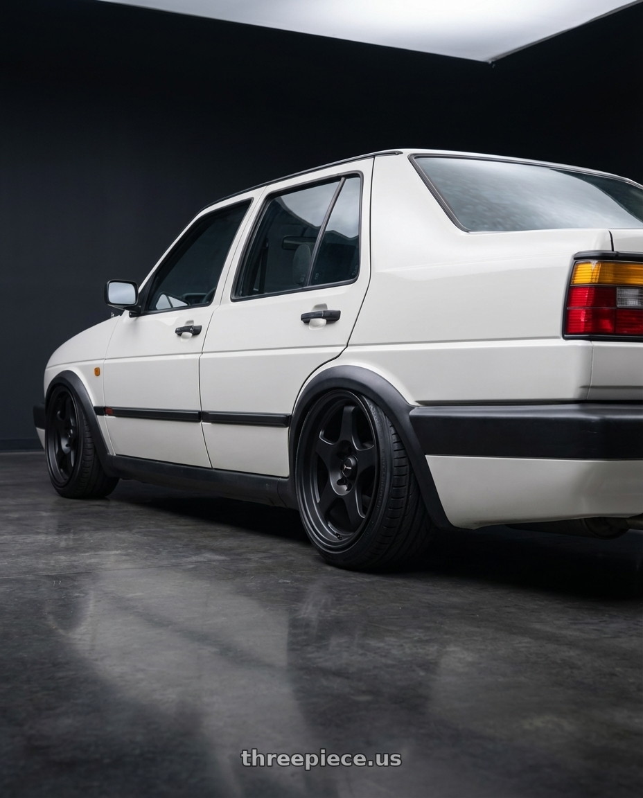 Mk2 Jetta 2012 with Vors SP1 4x108 15x7  +35 All Matte Black wheels rear three quarter view slight stretch tires