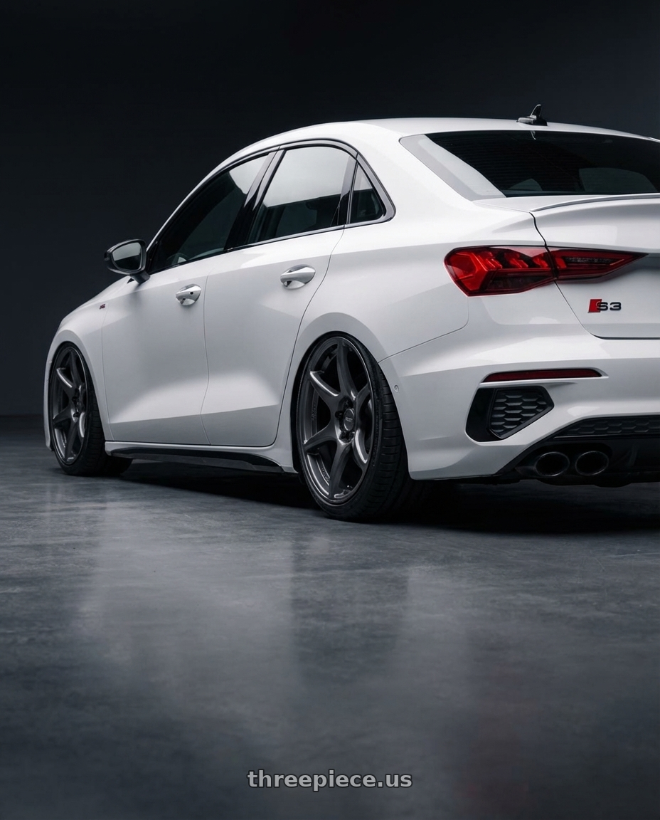 2024 Audi S3 8Y with Kansei K11G Tandem 5X112 19x9.5 22 Gunmetal wheels rear three quarter view slight stretch tires