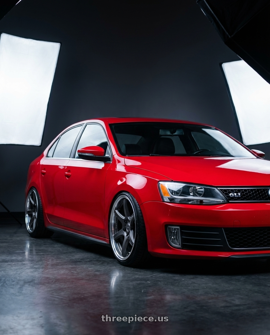 2012 volkswagen Jetta, GLI, tornado red with Work Emotion T7R 2P wheels front three quarter view slammed stance