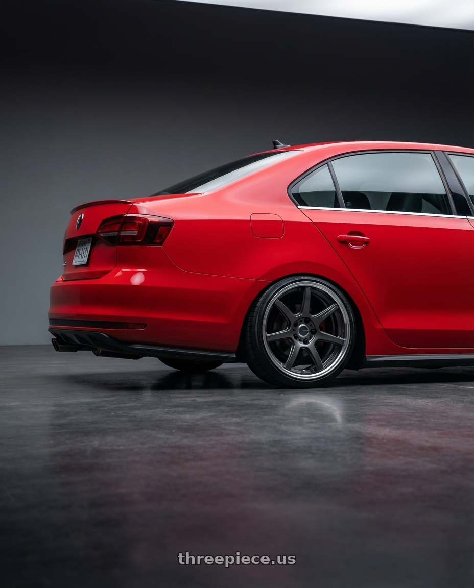 2012 volkswagen Jetta, GLI, tornado red with Work Emotion T7R 2P wheels rear three quarter view slight stretch tires