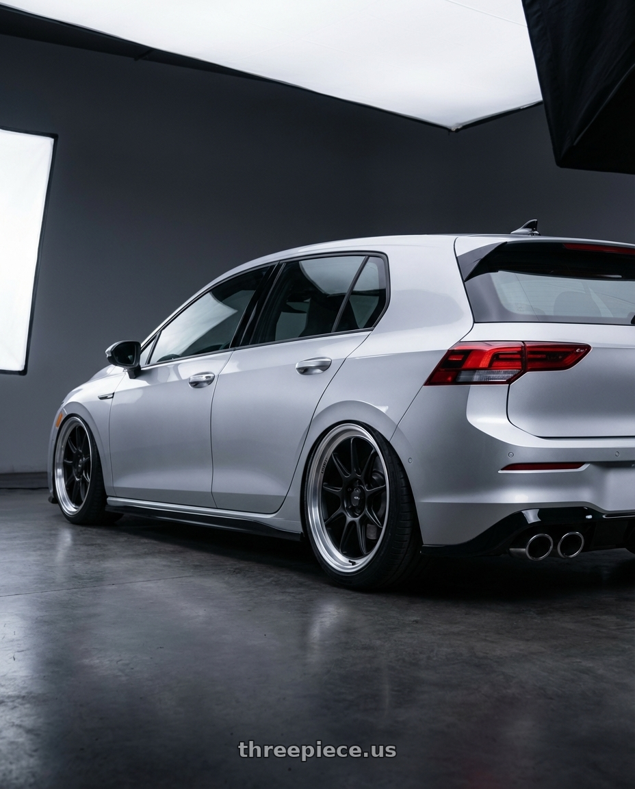 2024 Volkswagen Golf R MK8 with Konig Countergram 5x112 19x9.5+30 Matte Black / Matte Machined Lip wheels rear three quarter view slight stretch tires