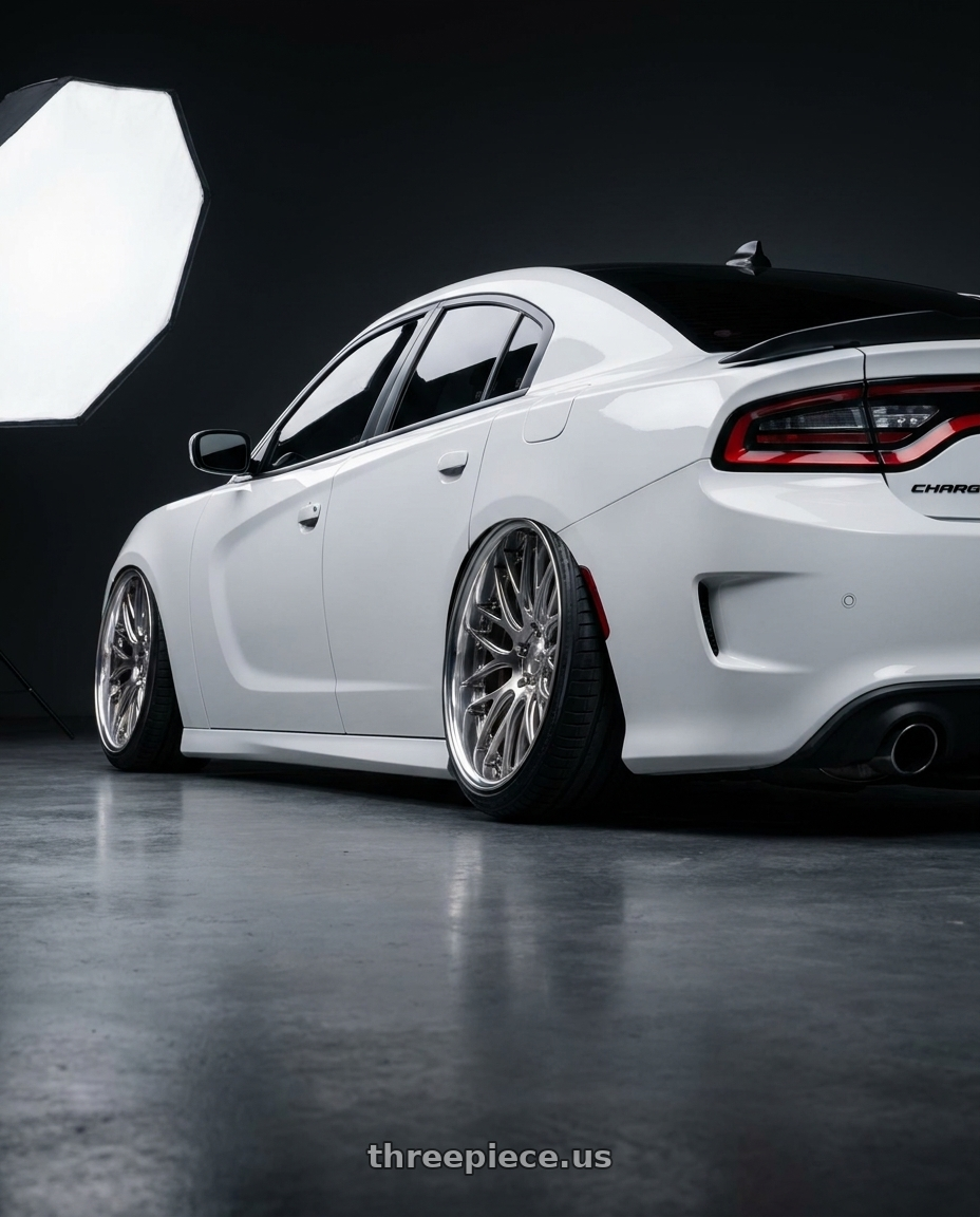 2021 Dodge Charger ScatPack with Work Gnosis Gr204 5x115 20x10+22 A Disk Buff Finish wheels rear three quarter view extreme stretch tires