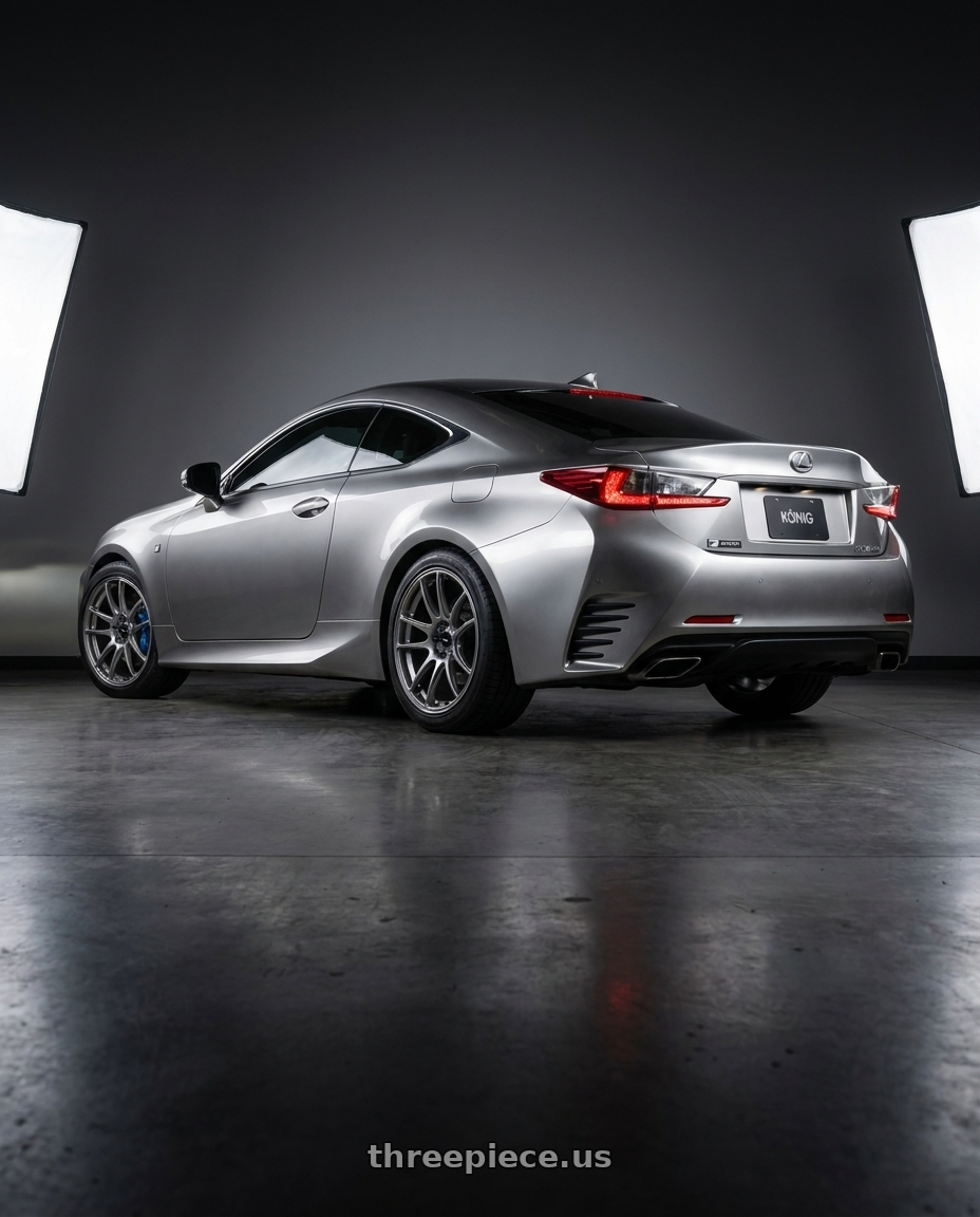 2016 Lexus RC 350 F Sport with Konig Heliogram 5X114.3 19x9.5+35 Titanium Metallic Knurled Bead Flow Formed wheels rear three quarter view square tires