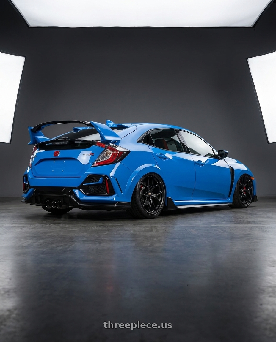 2020 Honda Civic Type R with BBS FI-R 5x120 19x10.5+35 Satin Black wheels rear three quarter view slight stretch tires