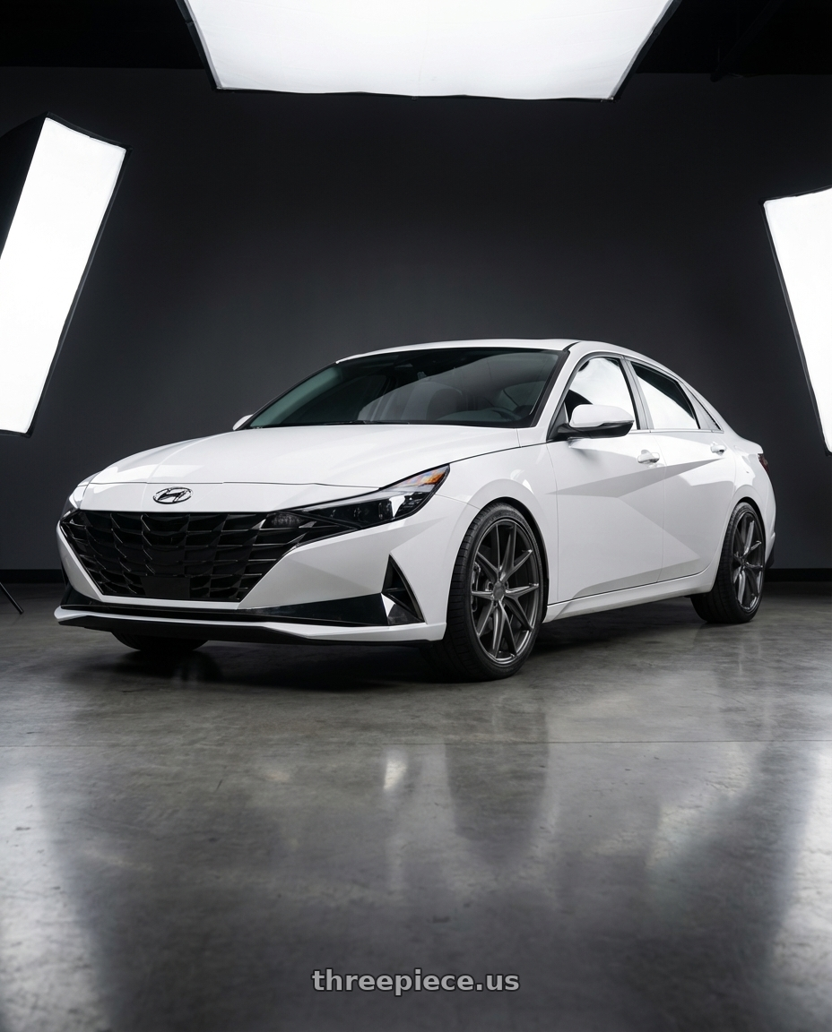 2024 Hyundai Elantra N with Niche 1PC M116 MISANO 5X114.3 19X8.5 +33 MATTE GUN METAL wheels front three quarter view lowered stance