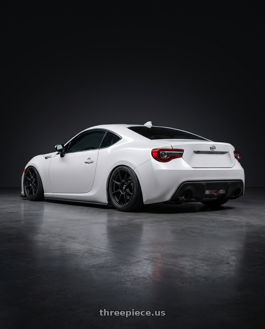 2016 Scion FR-S with Konig Lockout 5x100 17x8+38 Gloss Black wheels rear three quarter view slight stretch tires