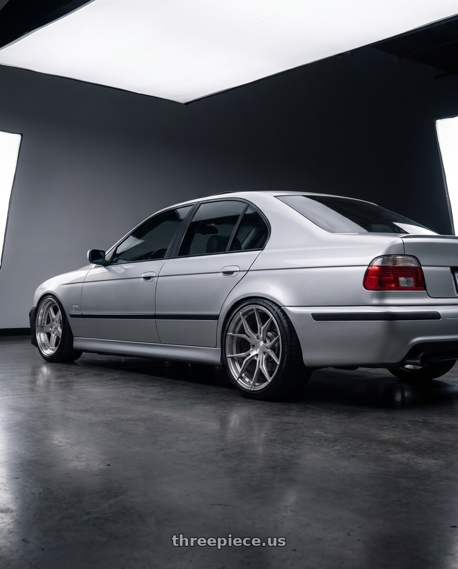 2003 BMW 530i with Rohana RFX5 5x120 19x8.5+20 Brushed Titanium wheels rear three quarter view slight stretch tires
