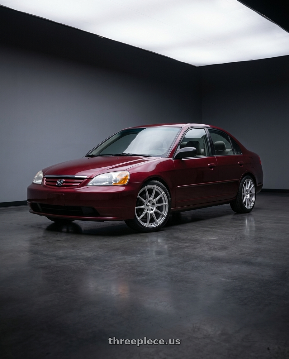 2002 honda civic lx with Maxxim 10S Winner 4X100/4x114.3 14x6 +38 Full Silver wheels front three quarter view stock stance