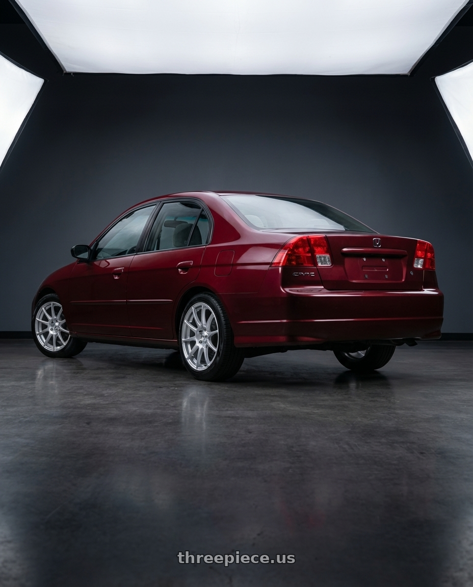 2002 honda civic lx with Maxxim 10S Winner 4X100/4x114.3 14x6 +38 Full Silver wheels rear three quarter view square tires