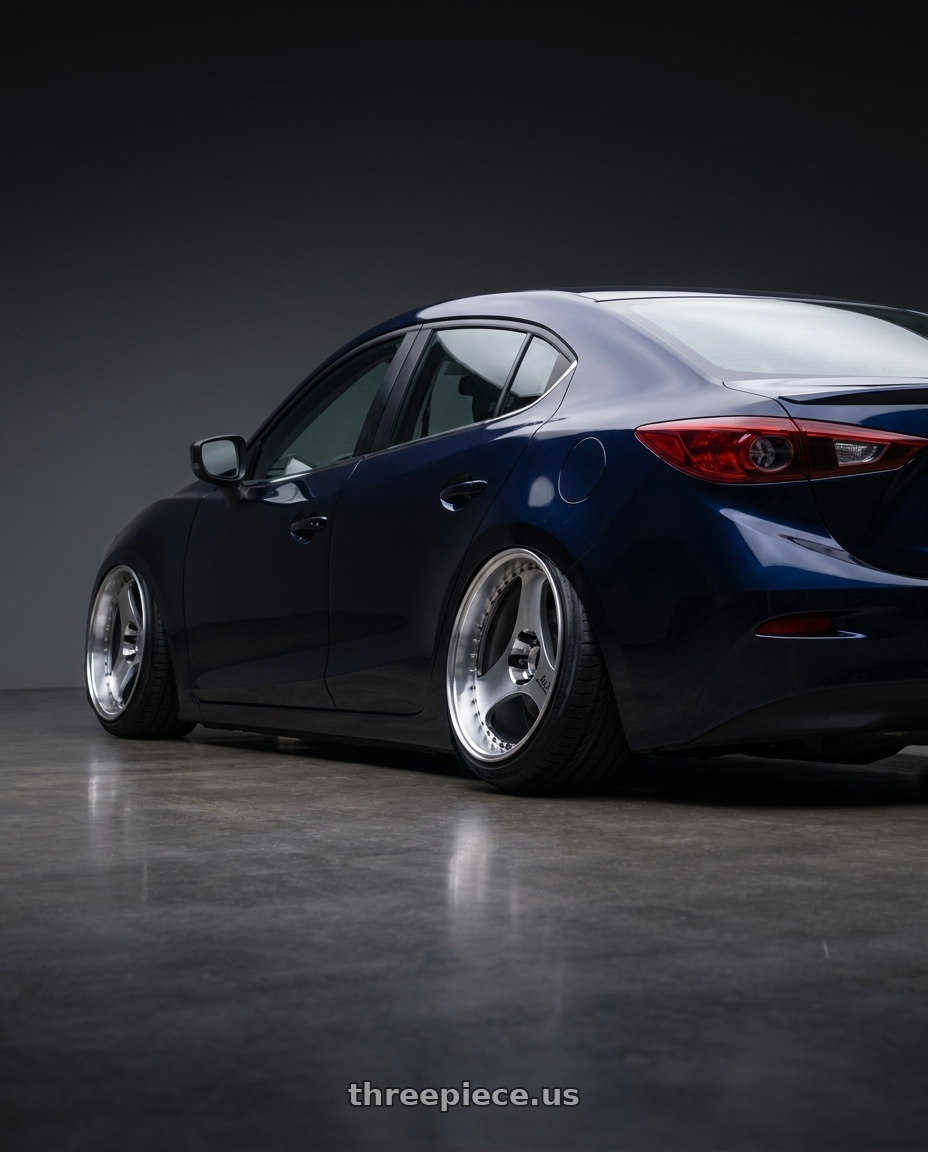 2017 mazda 3 sedan with Advan Racing ONI2 PROGRESSIVE 5x114.3 20x8.5 +33 MACHINING & DIAMOND CUT wheels rear three quarter view extreme stretch tires