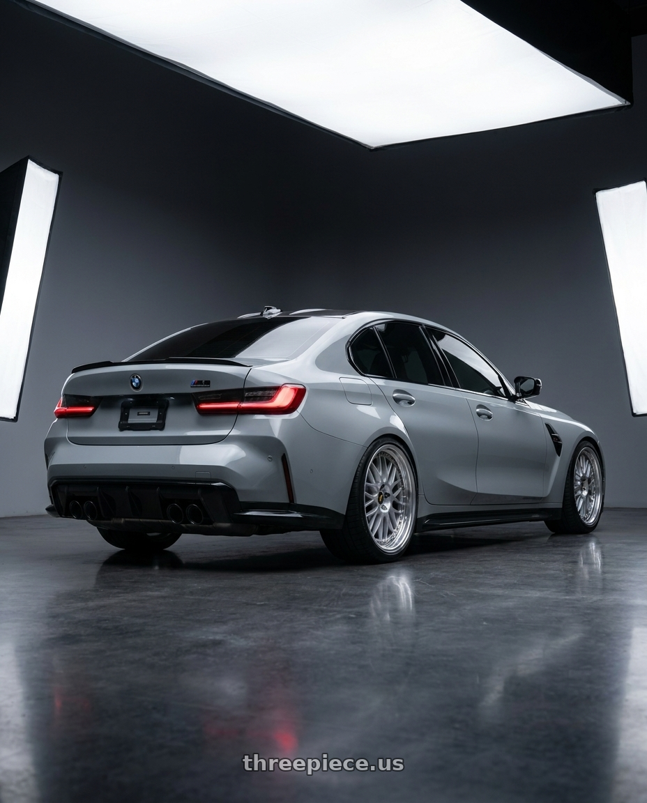 2023 BMW m3 Comp X-drive with Work Vs-Xx 5x100 18x8+13 A Disk Light Grey Silver wheels rear three quarter view square tires