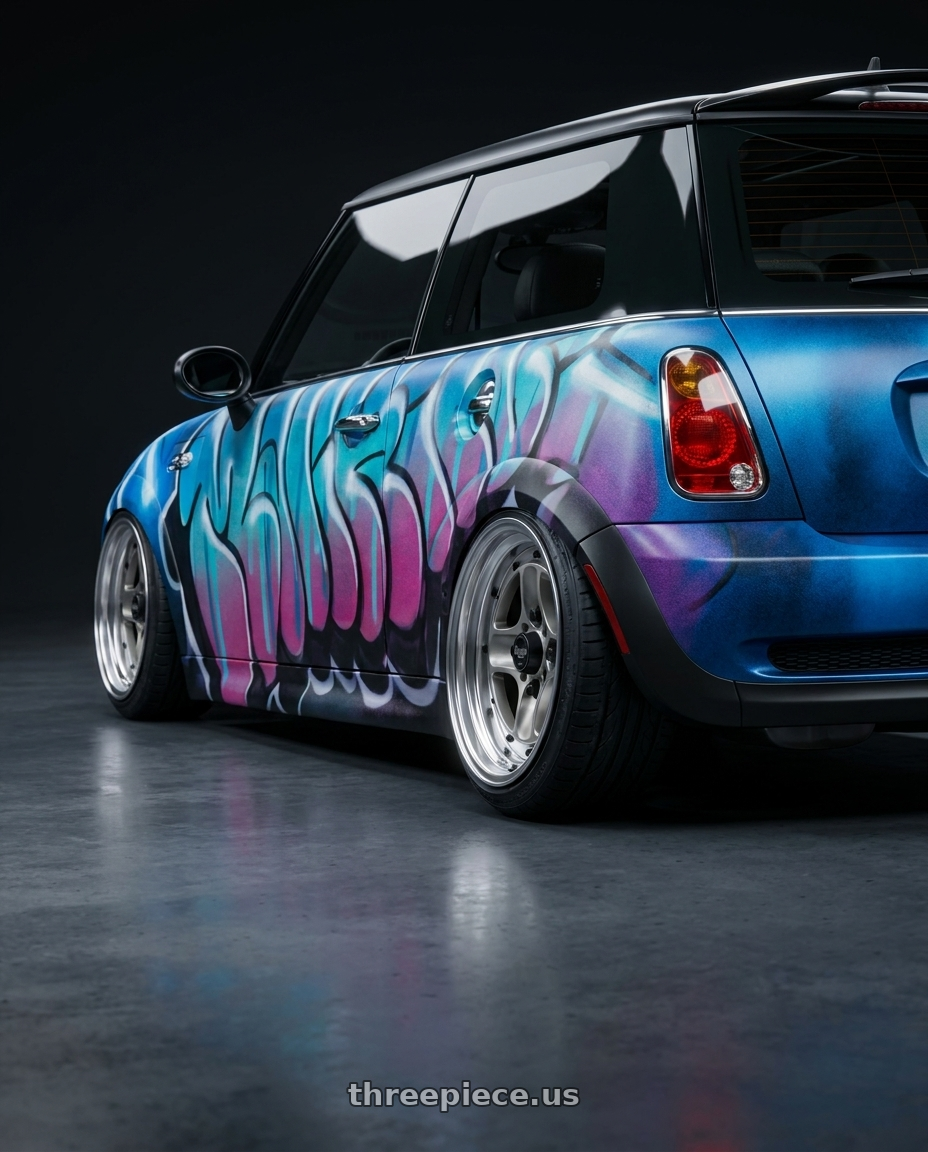 2004 mini cooper s with Work Equip 40 4x114.3 15x6 -3 a disk Brut Silver wheels rear three quarter view extreme stretch tires