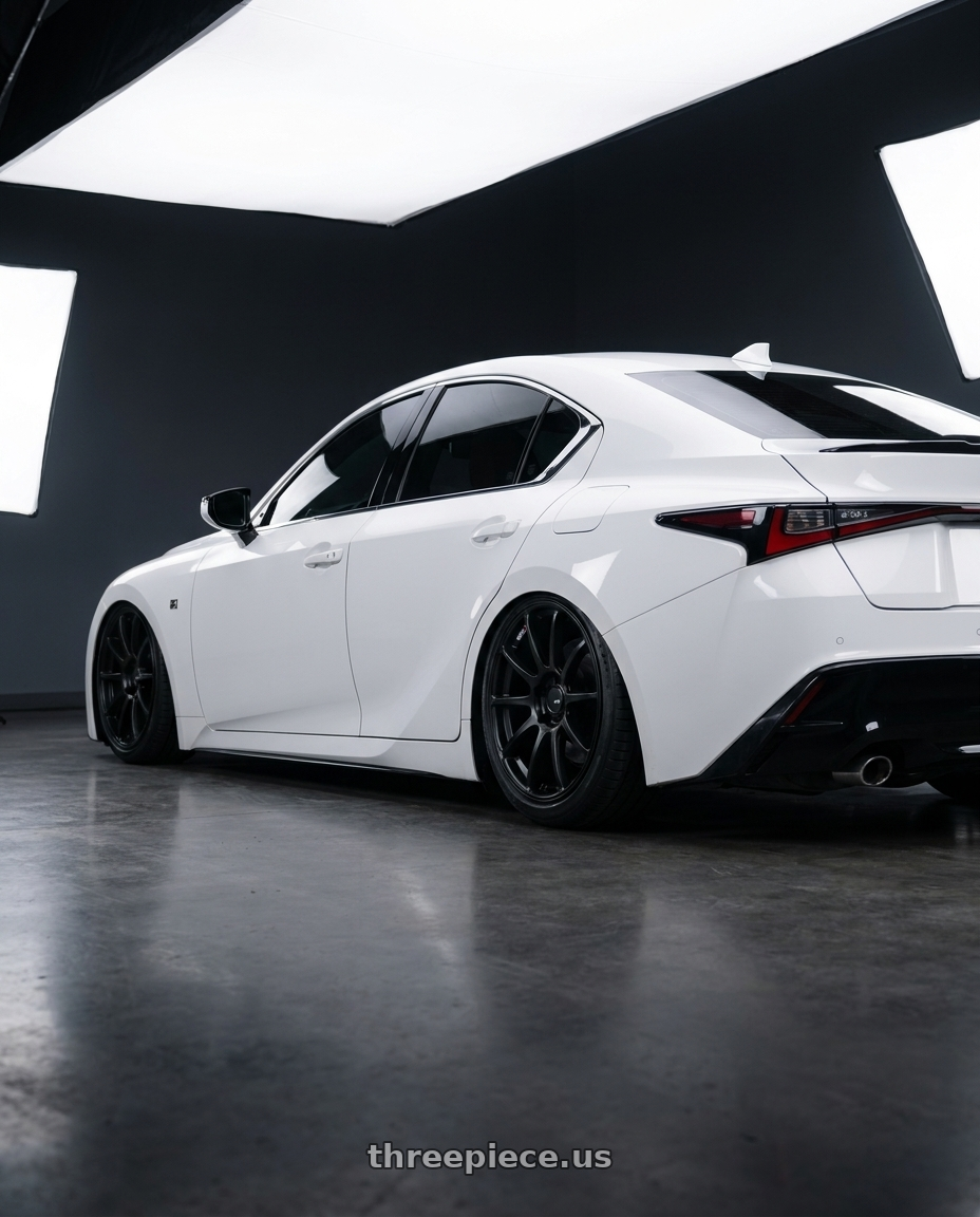 2024 Lexus IS 350 with Ssr Gtv02 5x114.3 19x8.5+38  FLAT BLACK wheels rear three quarter view slight stretch tires