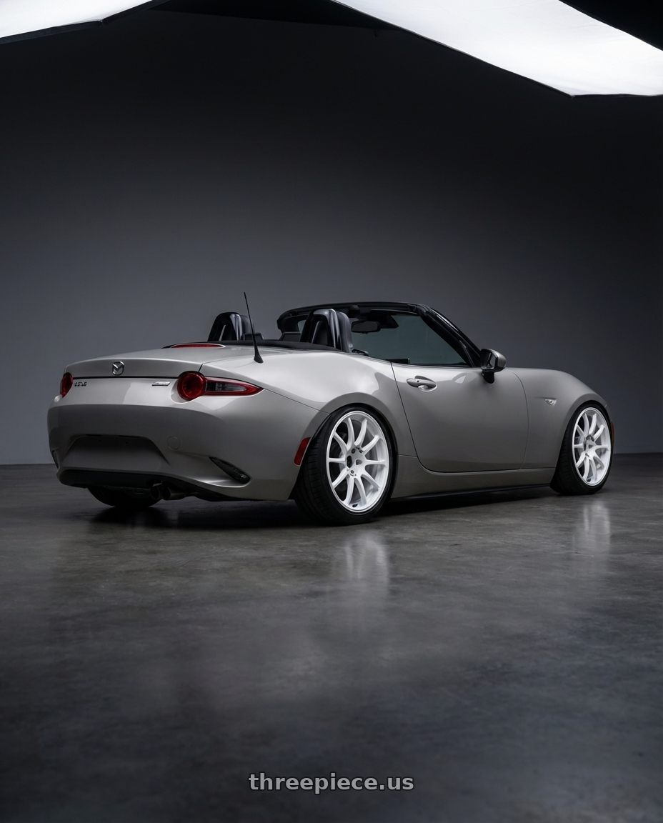 2021 Mazda MX-5 Miata ND with Advan RCIII 5x114.3 17x8+53 White wheels rear three quarter view slight stretch tires